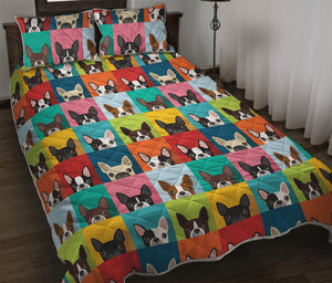 Boston Terrier Puppy Faces Print Quilt Bed Set