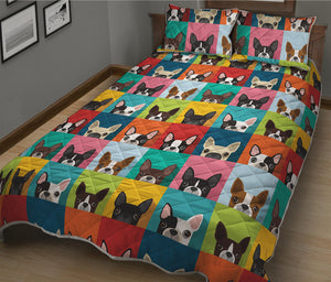 Boston Terrier Puppy Faces Print Quilt Bed Set