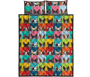 Boston Terrier Puppy Faces Print Quilt Bed Set