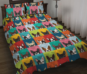 Boston Terrier Puppy Faces Print Quilt Bed Set