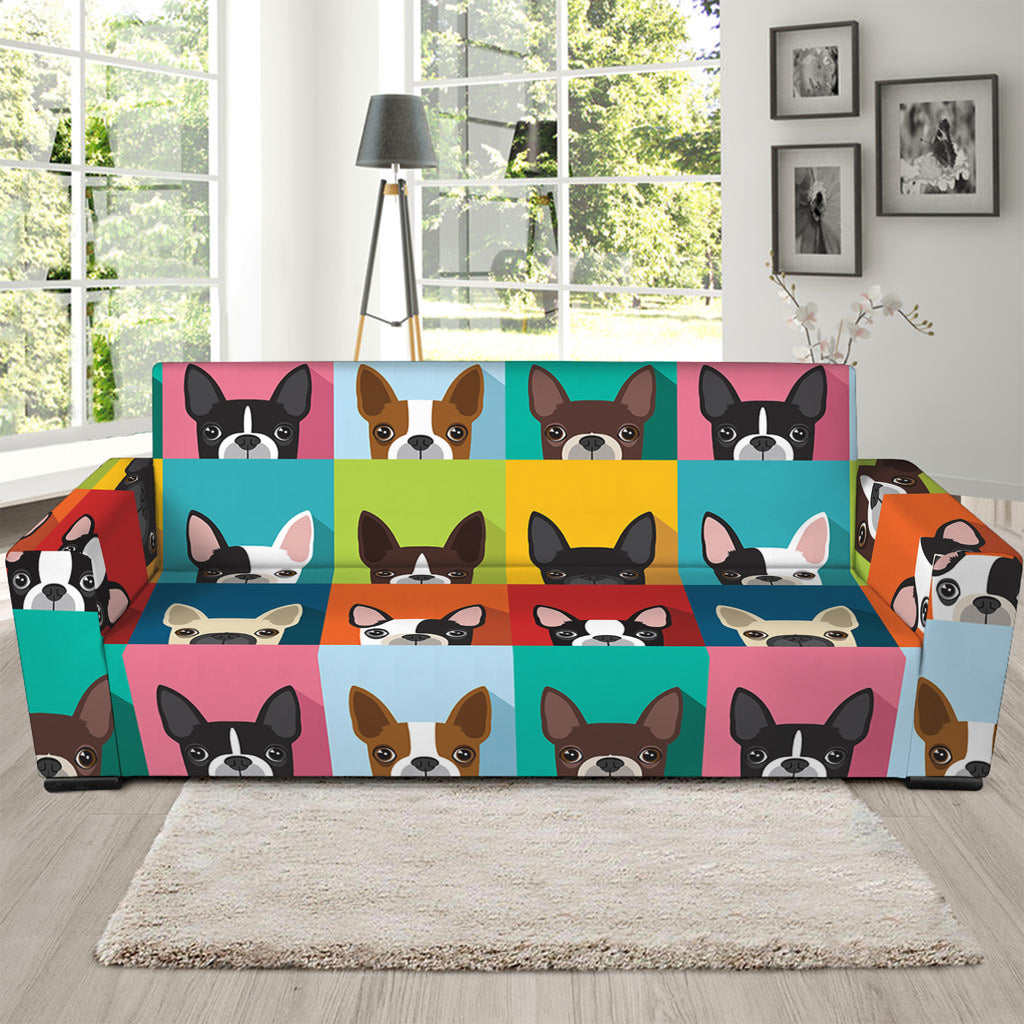 Boston Terrier Puppy Faces Print Sofa Slipcover