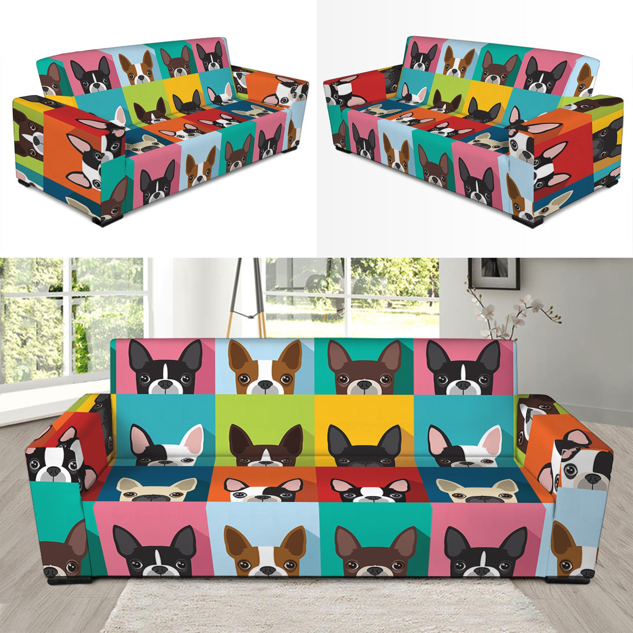 Boston Terrier Puppy Faces Print Sofa Slipcover