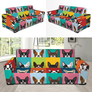 Boston Terrier Puppy Faces Print Sofa Slipcover