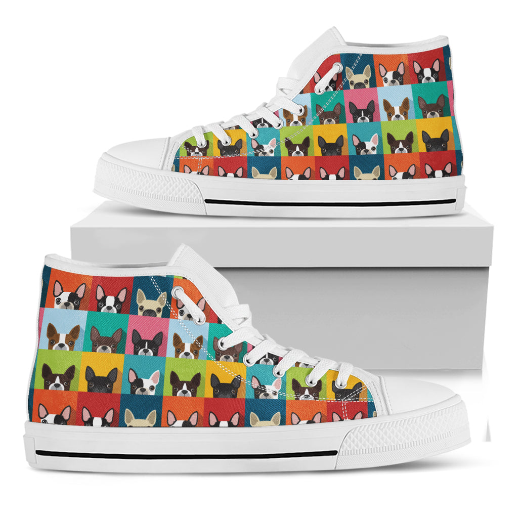 Boston Terrier Puppy Faces Print White High Top Shoes