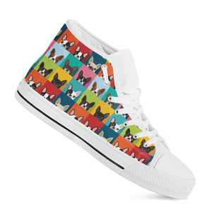 Boston Terrier Puppy Faces Print White High Top Shoes