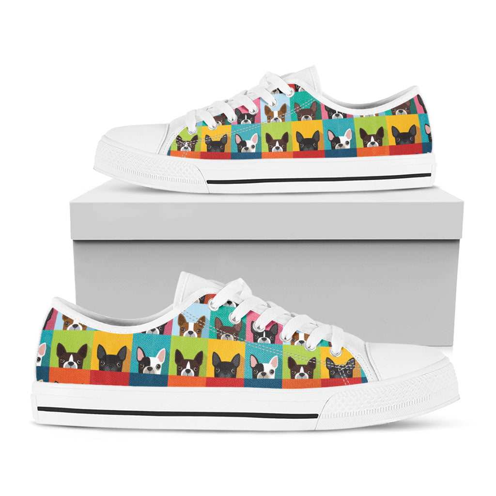 Boston Terrier Puppy Faces Print White Low Top Shoes