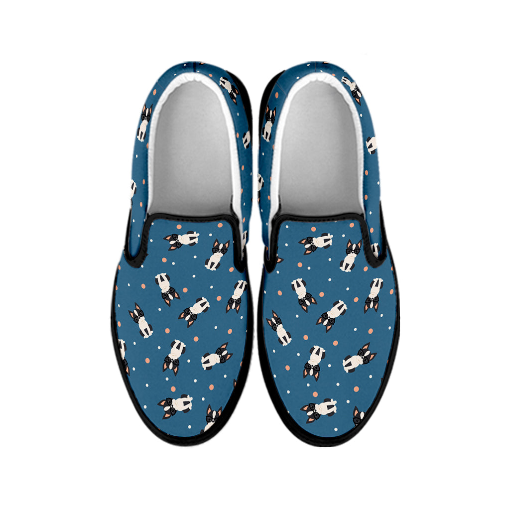 Boston Terrier With Glasses Print Black Slip On Shoes