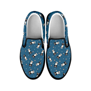 Boston Terrier With Glasses Print Black Slip On Shoes