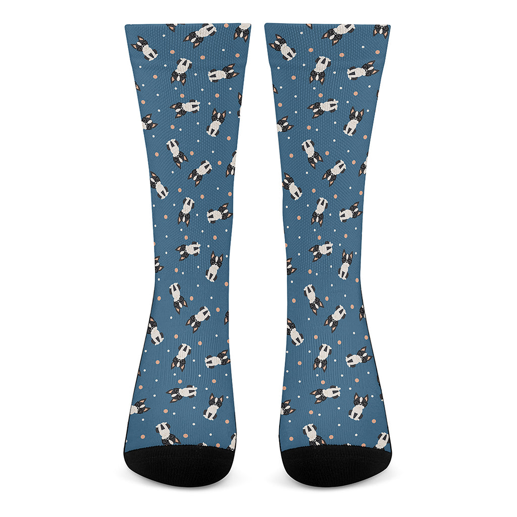 Boston Terrier With Glasses Print Crew Socks