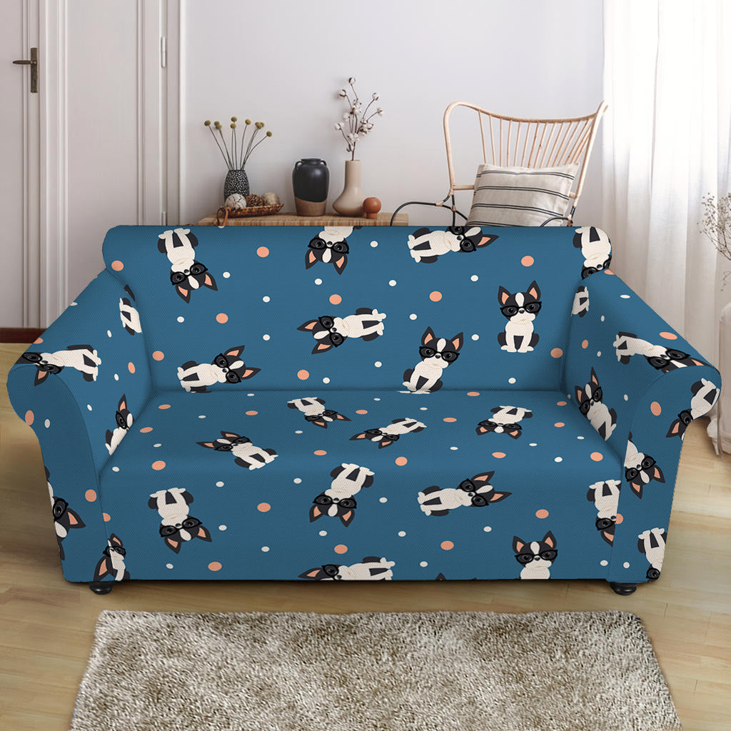 Boston Terrier With Glasses Print Loveseat Slipcover