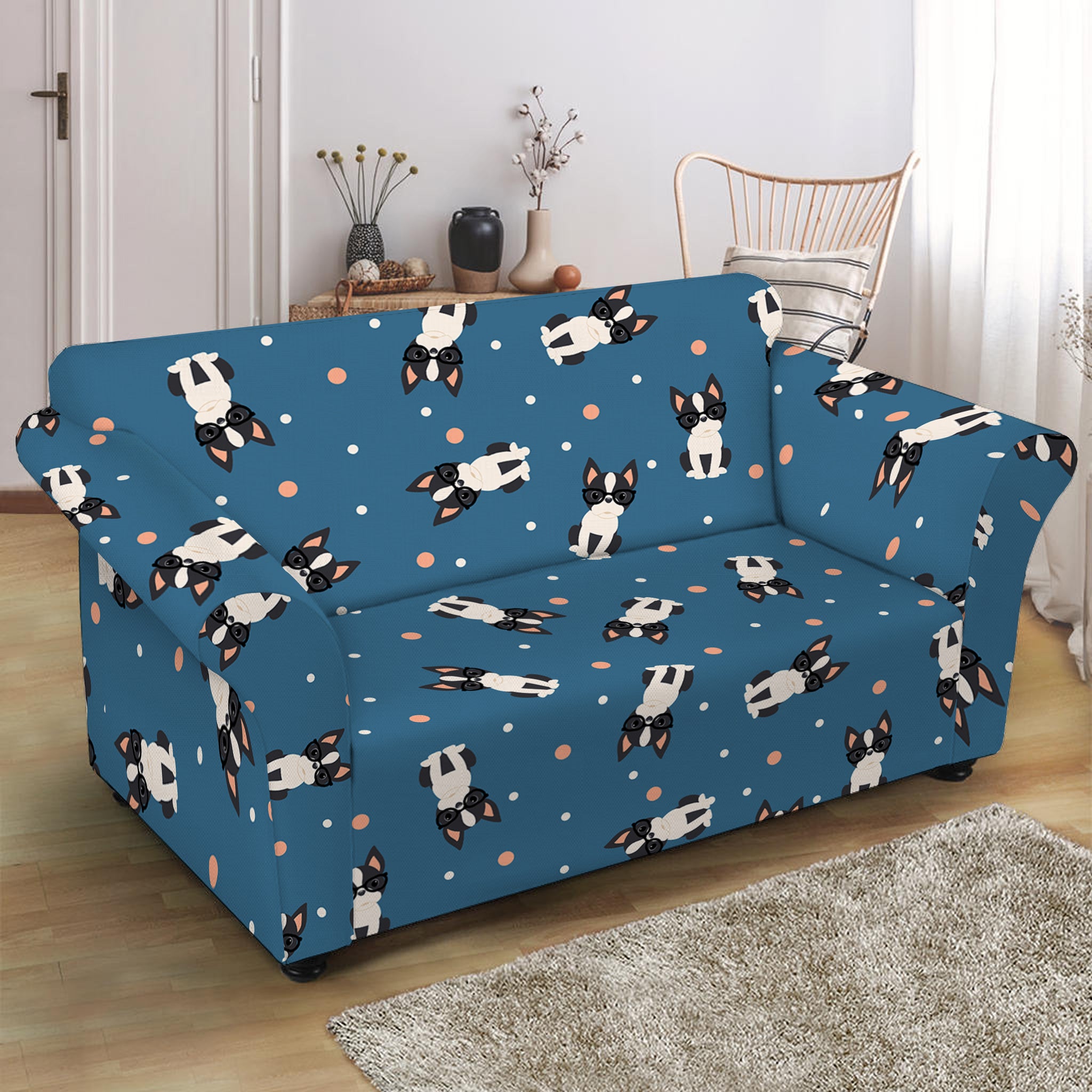 Boston Terrier With Glasses Print Loveseat Slipcover