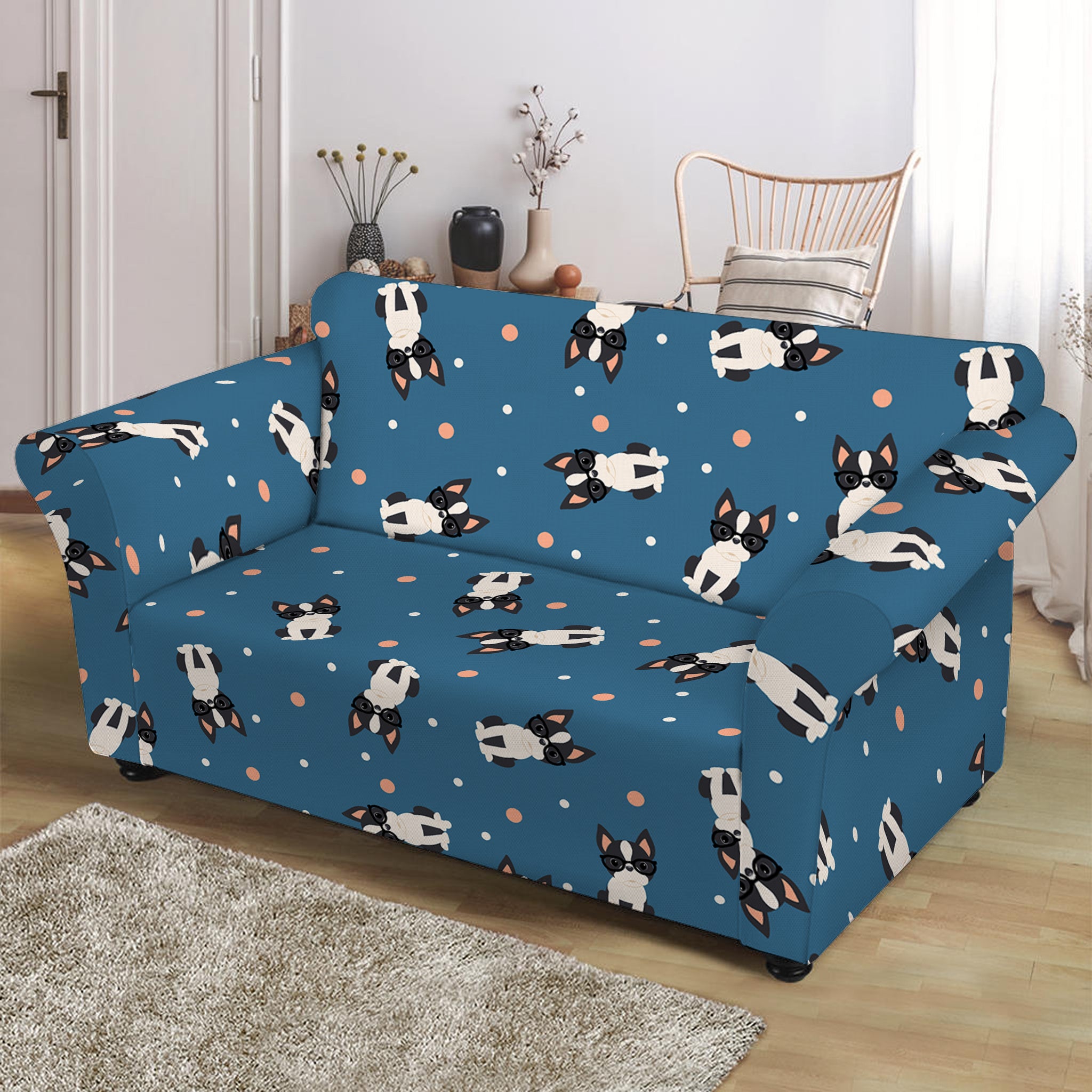 Boston Terrier With Glasses Print Loveseat Slipcover