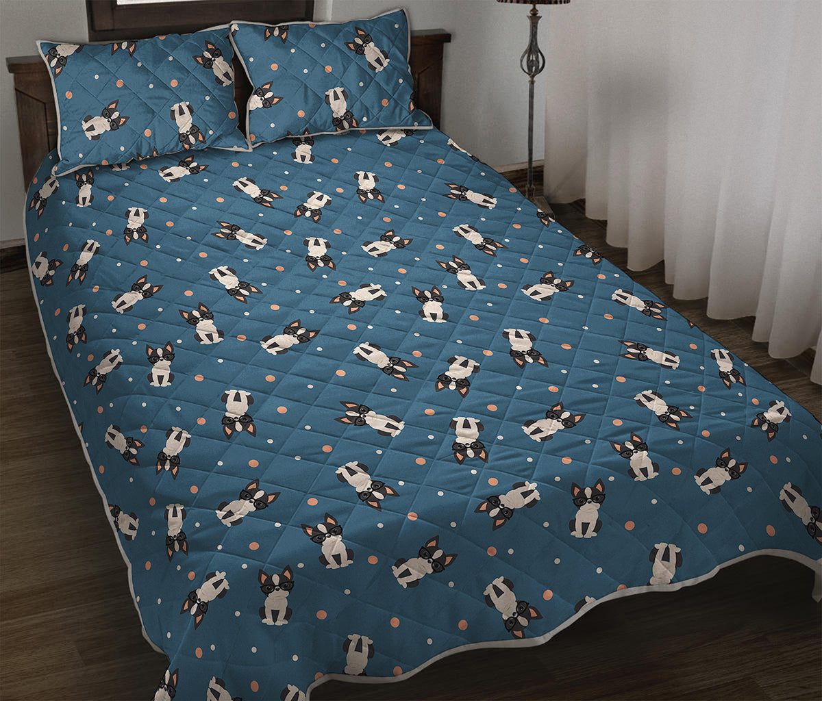 Boston Terrier With Glasses Print Quilt Bed Set