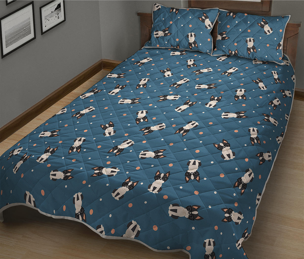 Boston Terrier With Glasses Print Quilt Bed Set