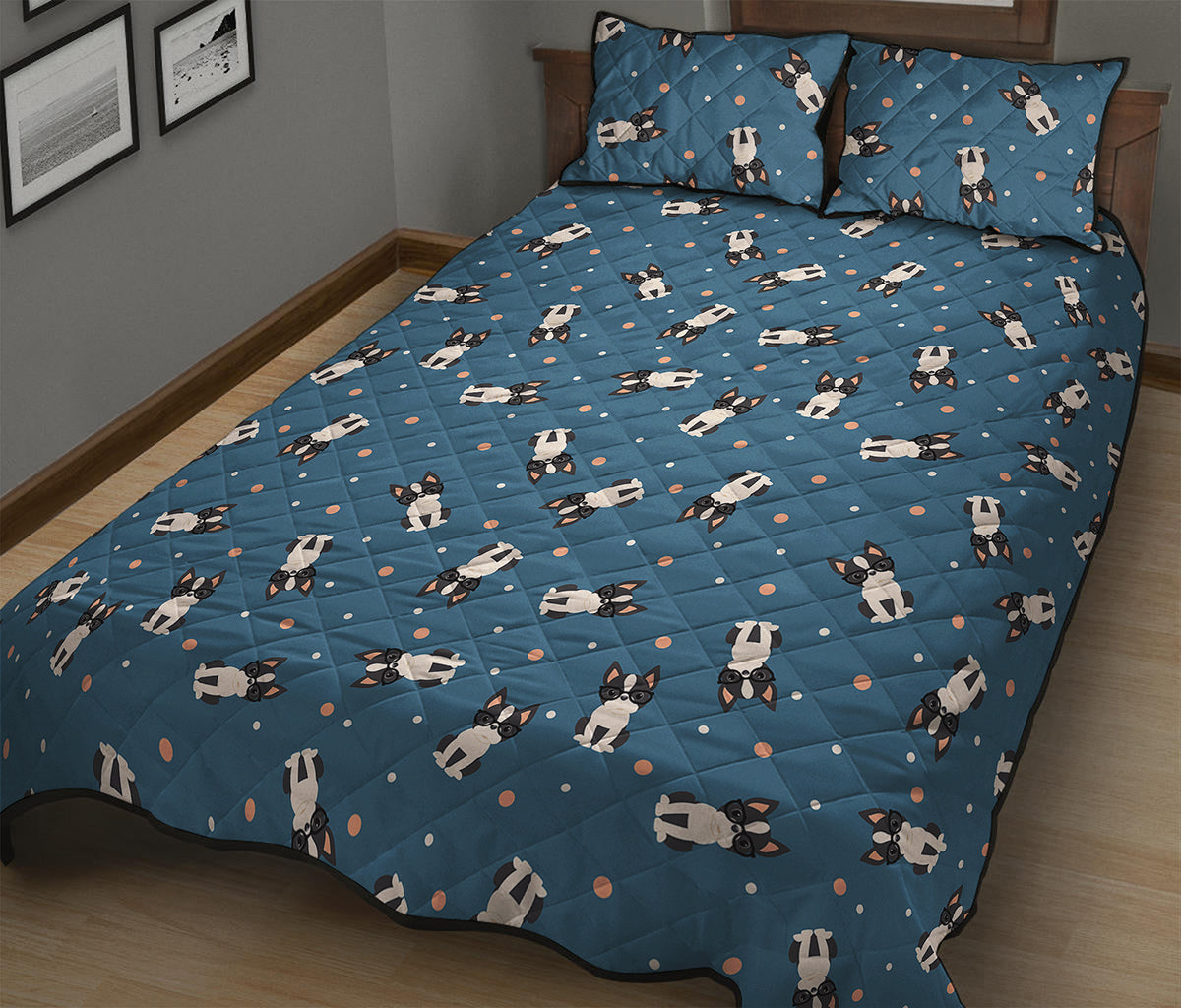 Boston Terrier With Glasses Print Quilt Bed Set