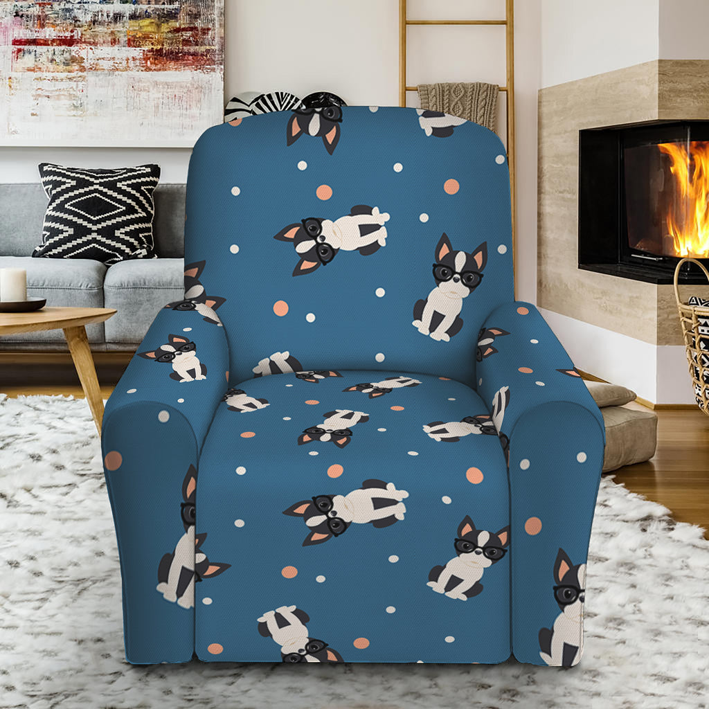 Boston Terrier With Glasses Print Recliner Slipcover