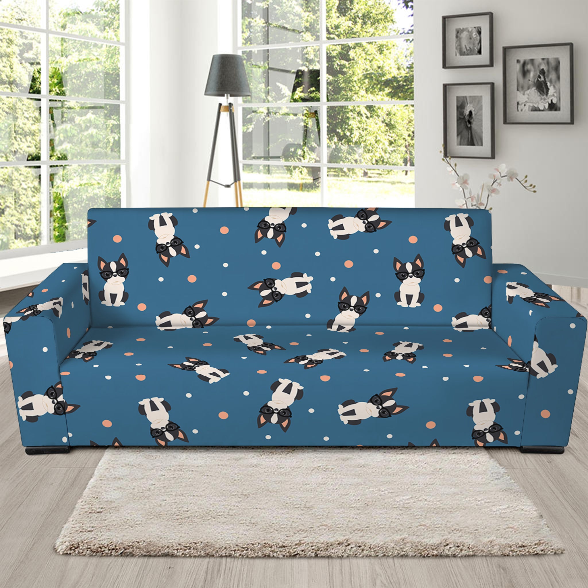 Boston Terrier With Glasses Print Sofa Slipcover