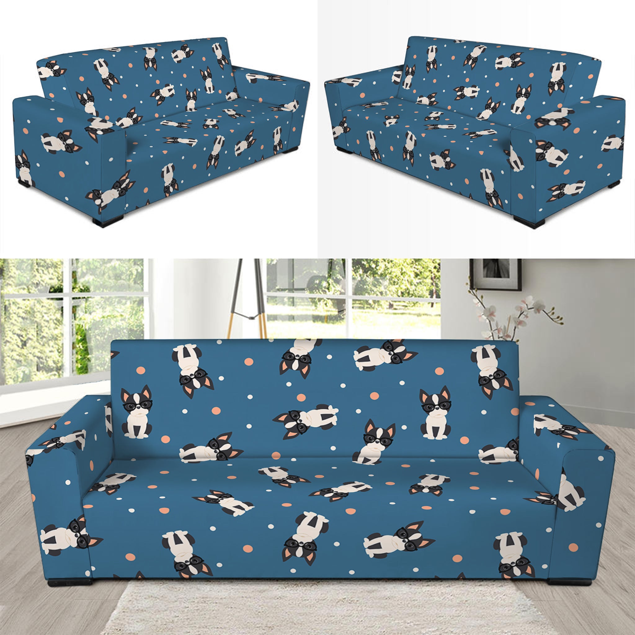 Boston Terrier With Glasses Print Sofa Slipcover