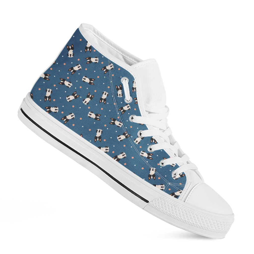 Boston Terrier With Glasses Print White High Top Shoes