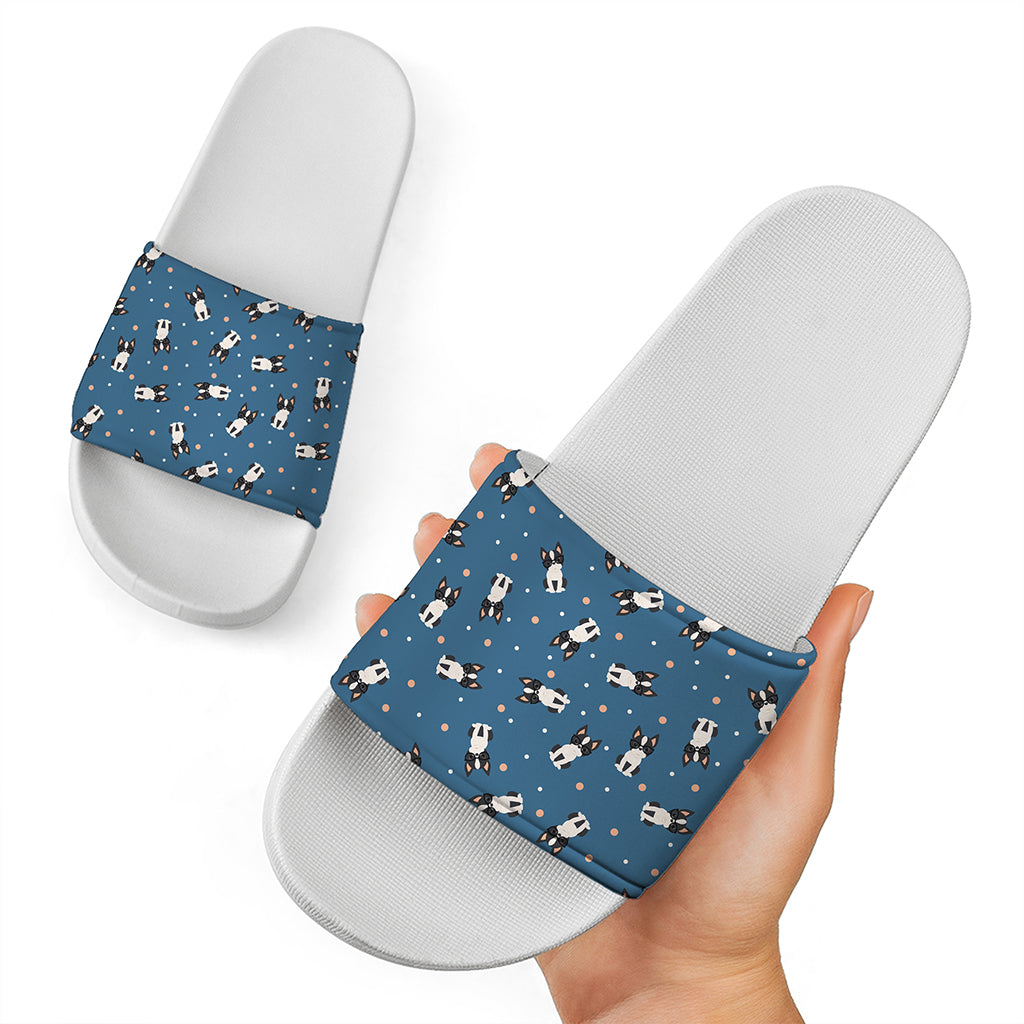 Boston Terrier With Glasses Print White Slide Sandals