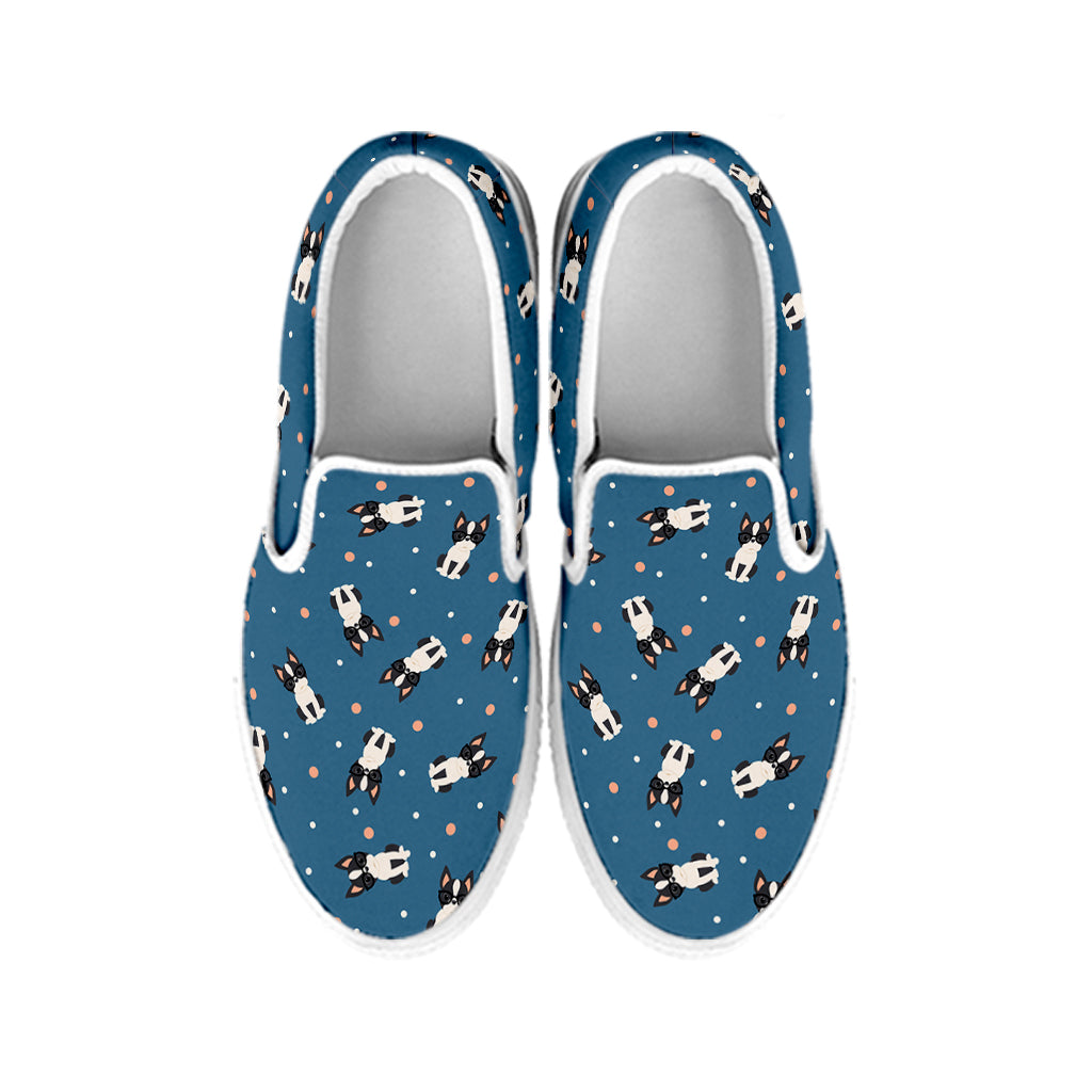 Boston Terrier With Glasses Print White Slip On Shoes