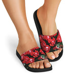 Bouvardia Flower Print Black Slide Sandals
