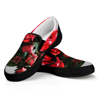 Bouvardia Flower Print Black Slip On Shoes