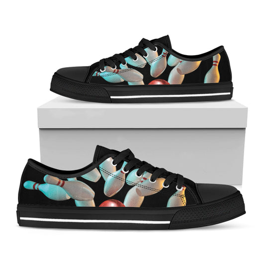 Bowling Strike Print Black Low Top Shoes