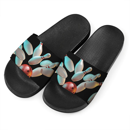 Bowling Strike Print Black Slide Sandals