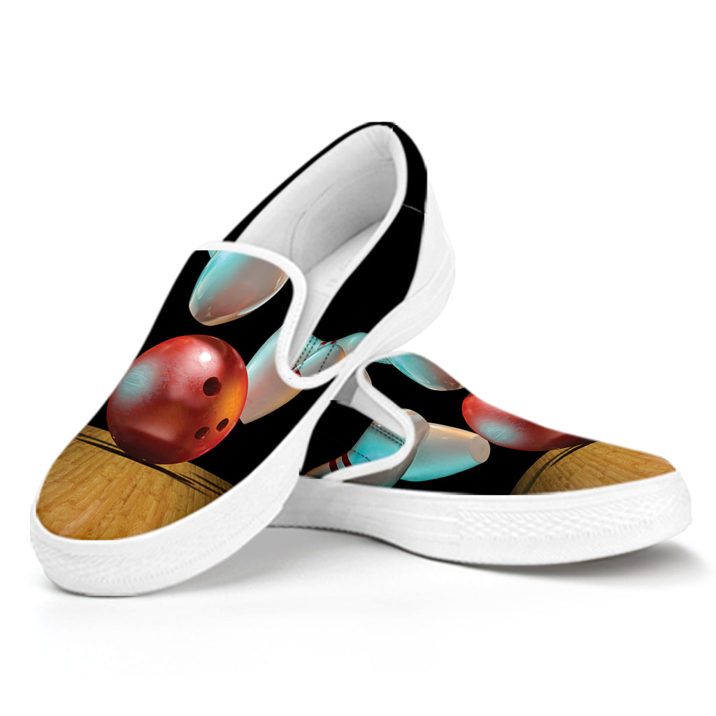 Bowling Strike Print White Slip On Shoes