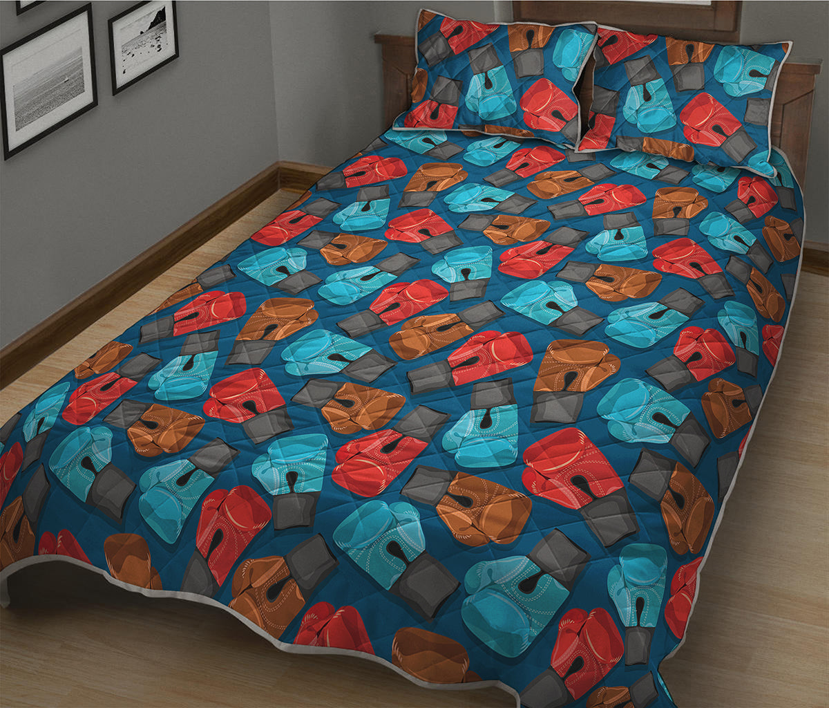 Boxing Gloves Pattern Print Quilt Bed Set