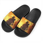 Brave Firefighter Painting Print Black Slide Sandals