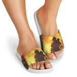 Brave Firefighter Painting Print White Slide Sandals