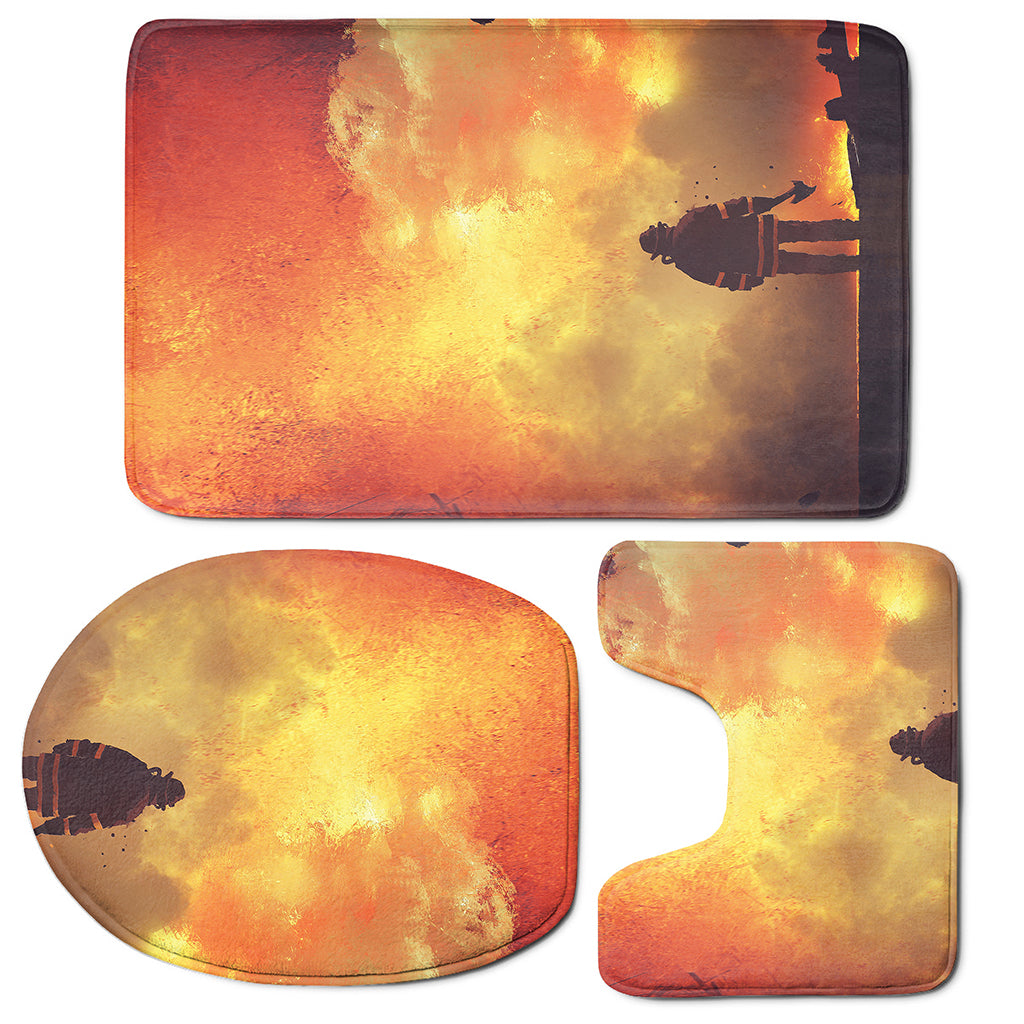 Brave Firefighter With Axe Print 3 Piece Bath Mat Set