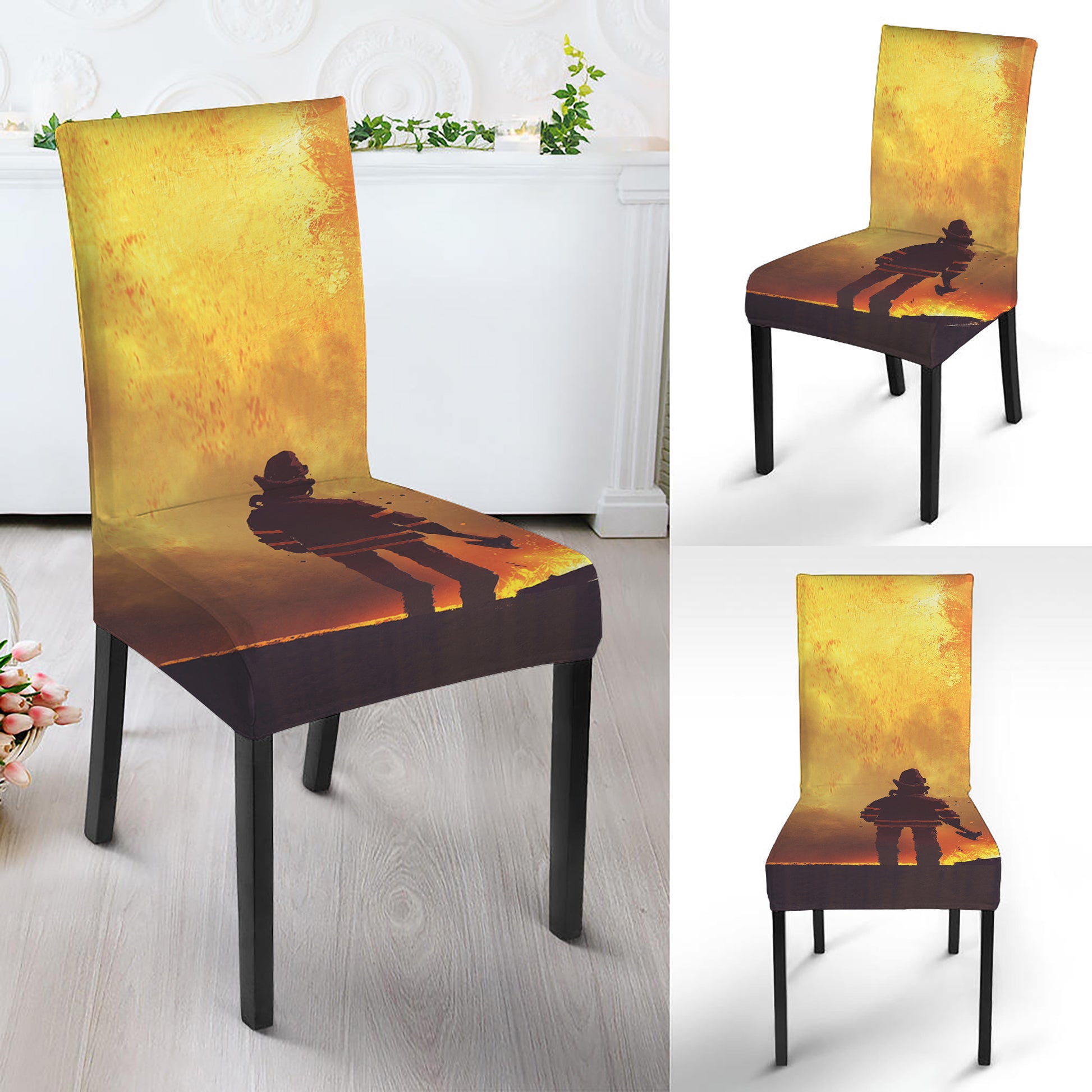 Brave Firefighter With Axe Print Dining Chair Slipcover
