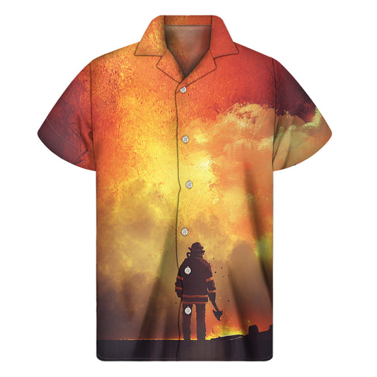 Brave Firefighter With Axe Print Men's Short Sleeve Shirt