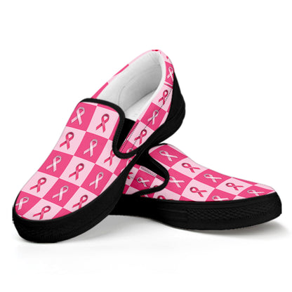 Breast Cancer Awareness Pattern Print Black Slip On Shoes