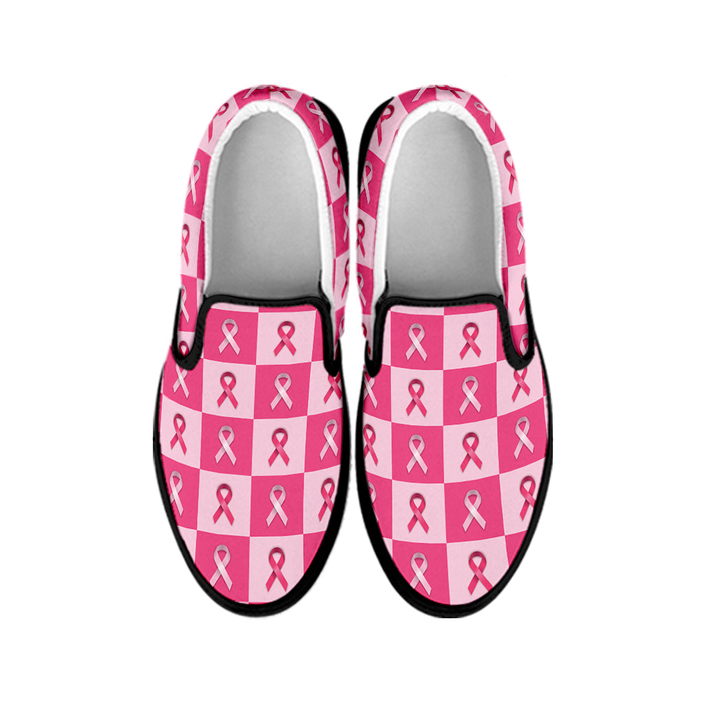 Breast Cancer Awareness Pattern Print Black Slip On Shoes