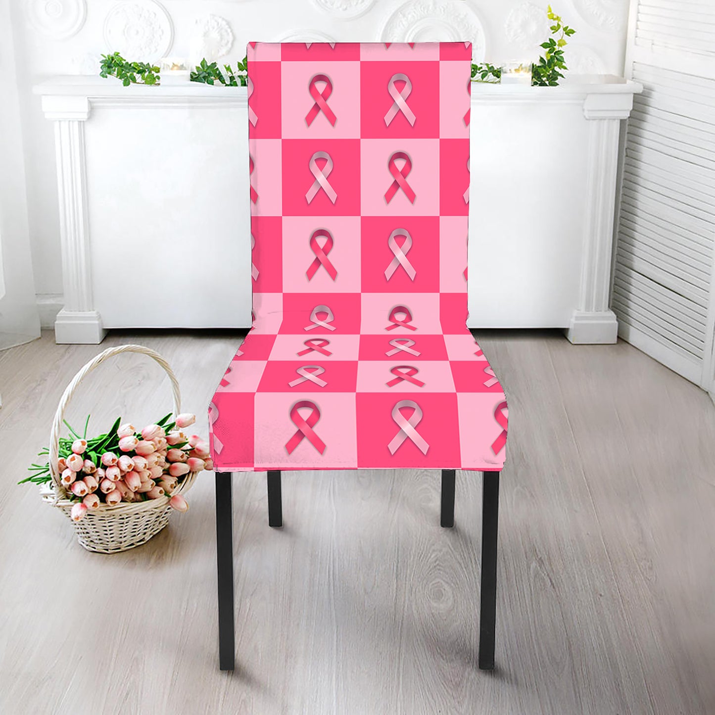 Breast Cancer Awareness Pattern Print Dining Chair Slipcover