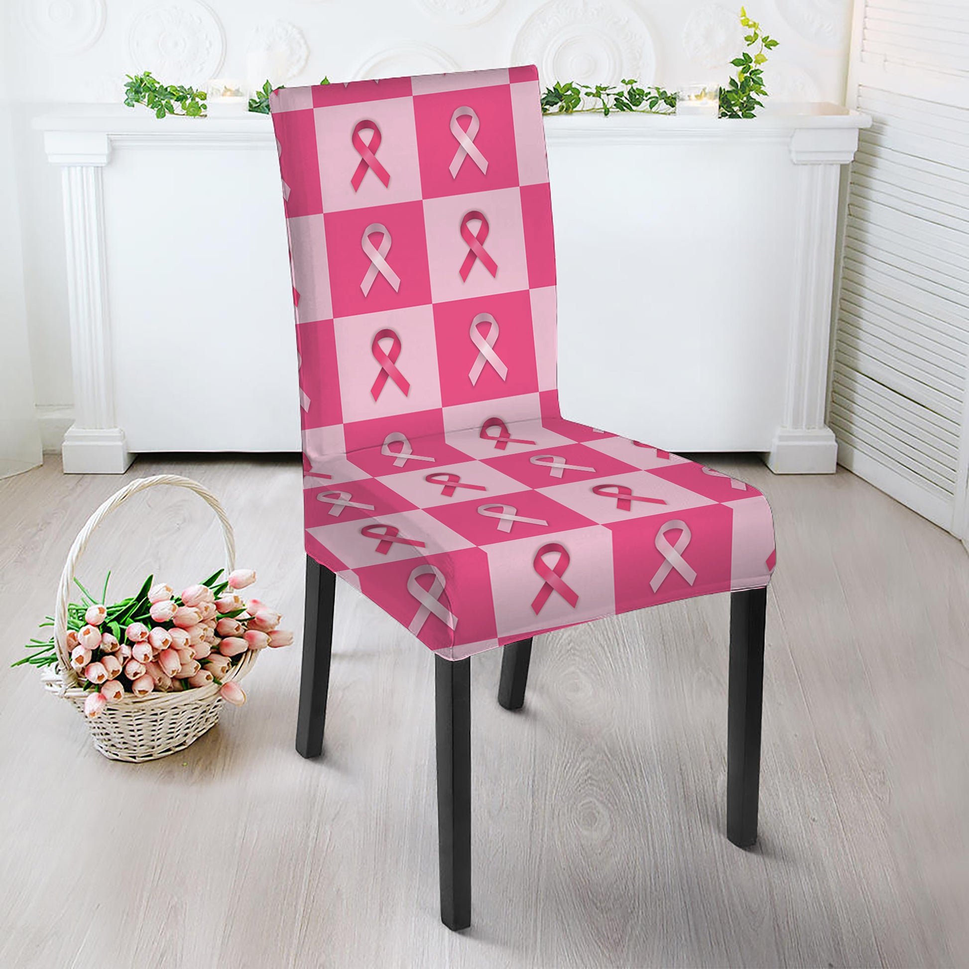 Breast Cancer Awareness Pattern Print Dining Chair Slipcover
