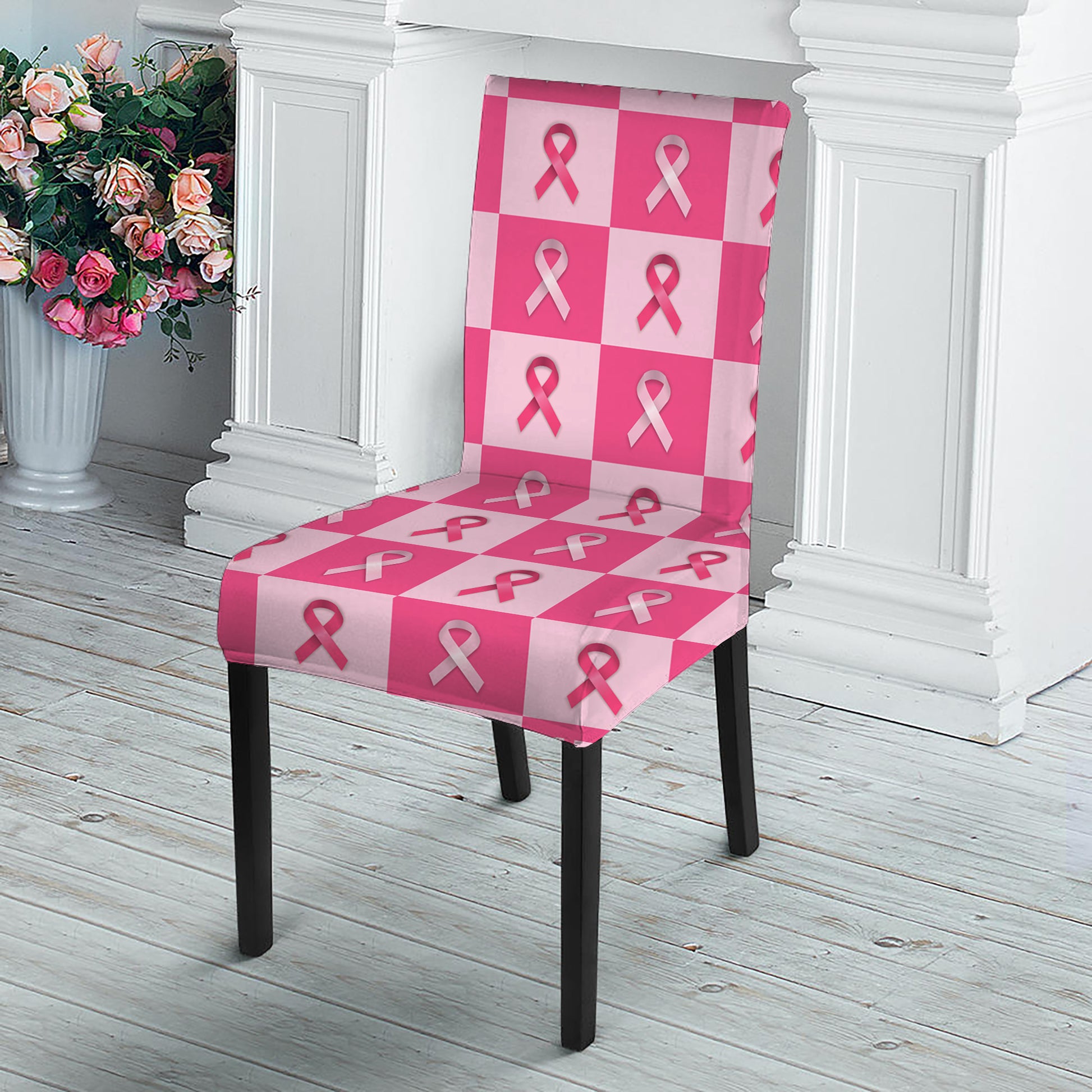 Breast Cancer Awareness Pattern Print Dining Chair Slipcover