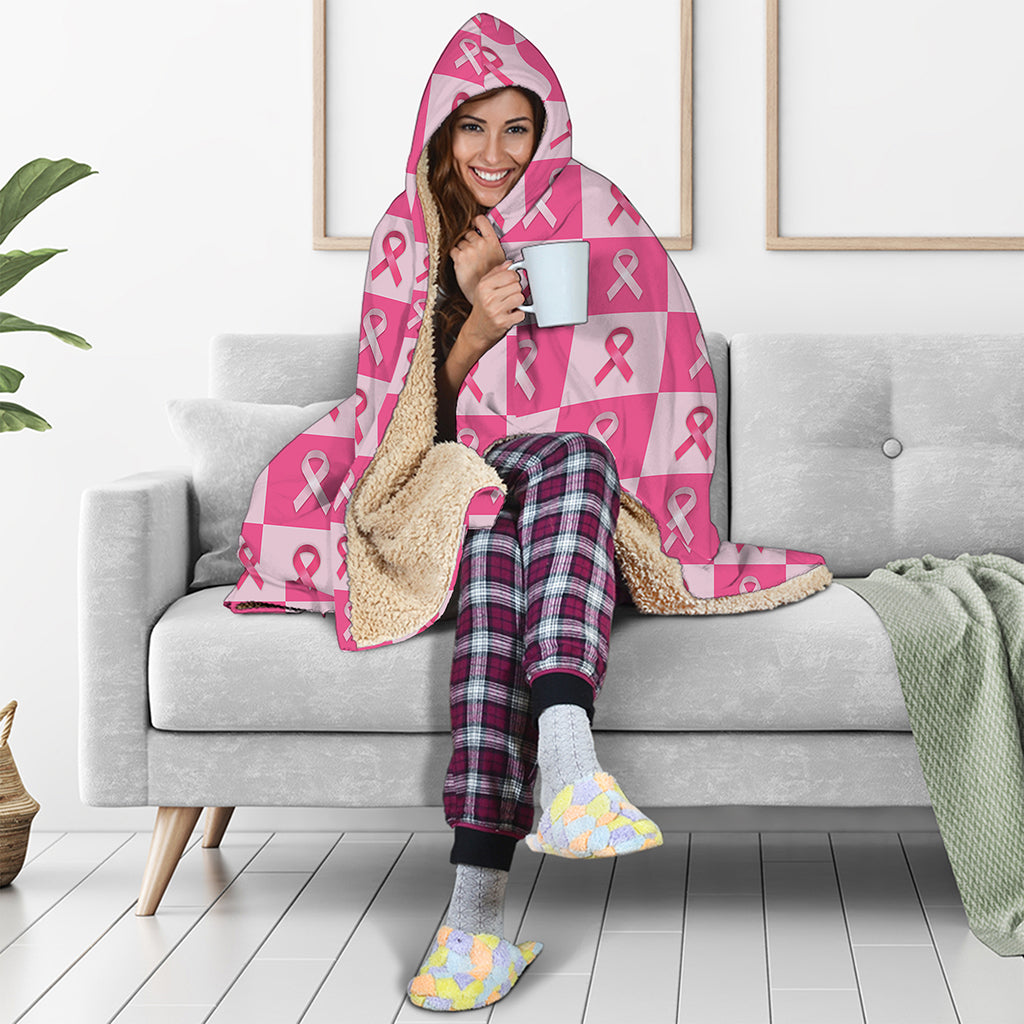 Breast Cancer Awareness Pattern Print Hooded Blanket