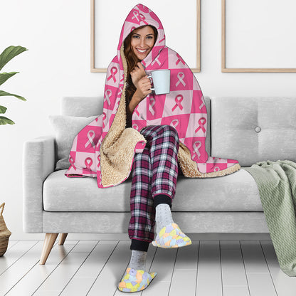 Breast Cancer Awareness Pattern Print Hooded Blanket