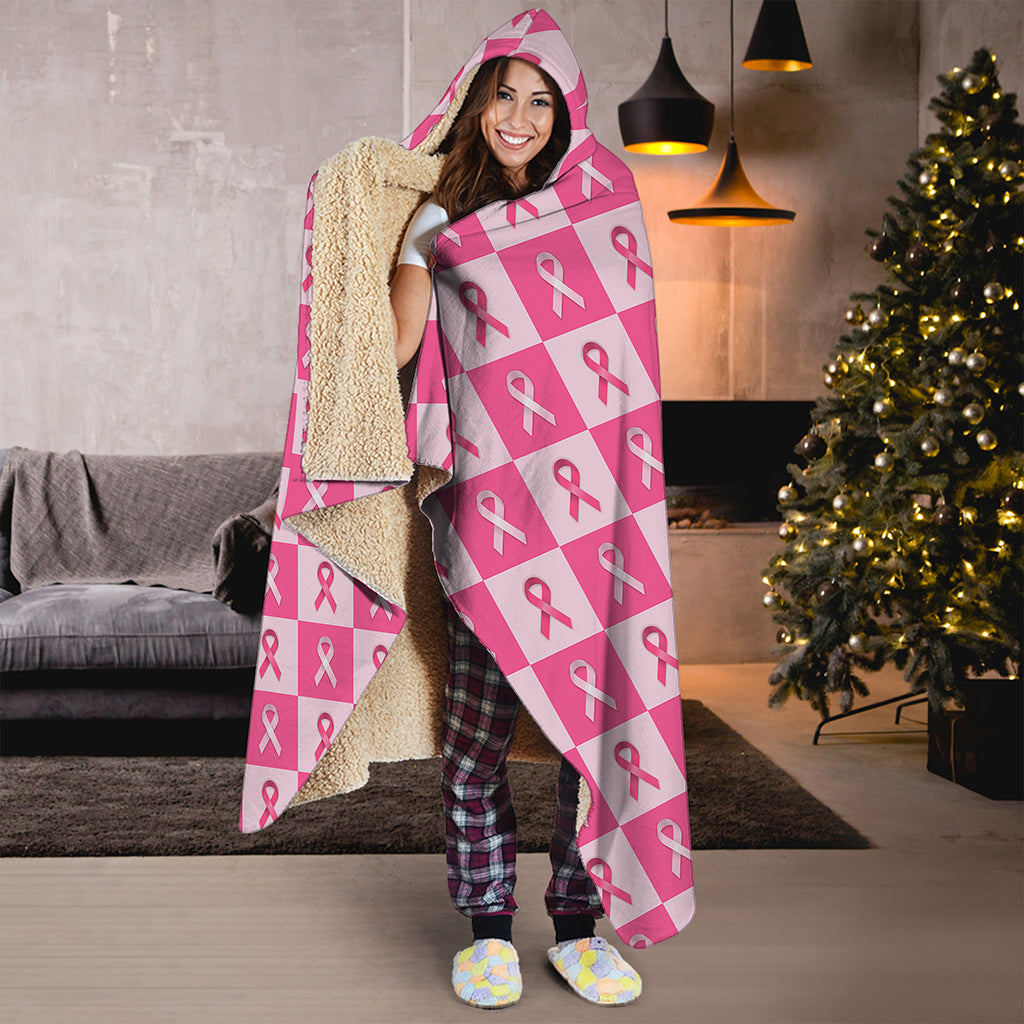 Breast Cancer Awareness Pattern Print Hooded Blanket