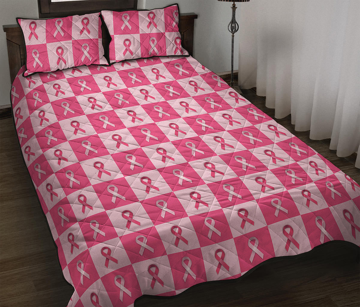 Breast Cancer Awareness Pattern Print Quilt Bed Set