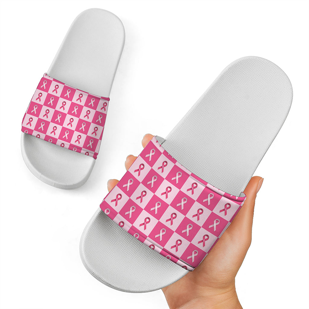 Breast Cancer Awareness Pattern Print White Slide Sandals