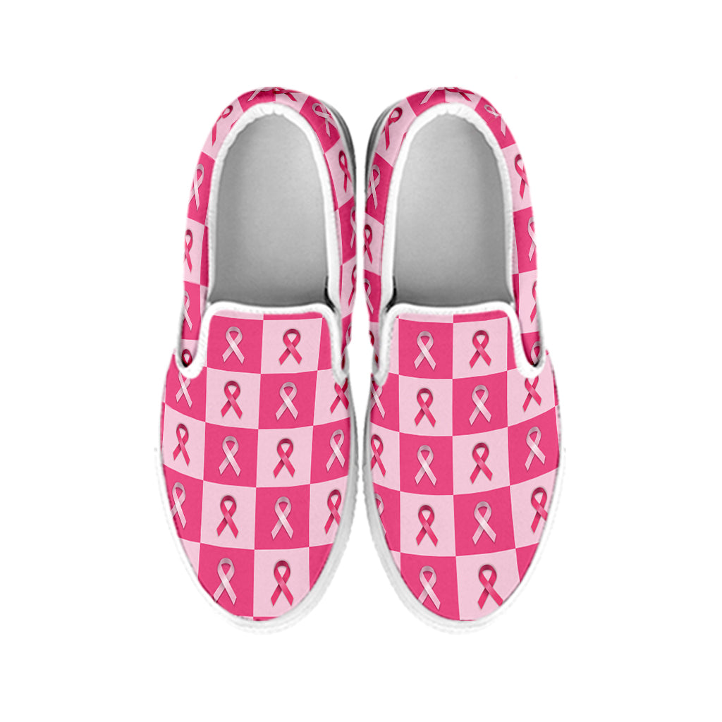 Breast Cancer Awareness Pattern Print White Slip On Shoes
