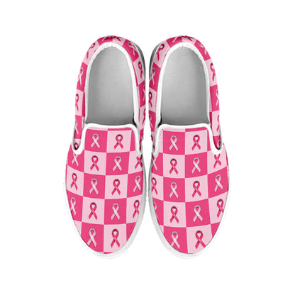 Breast Cancer Awareness Pattern Print White Slip On Shoes