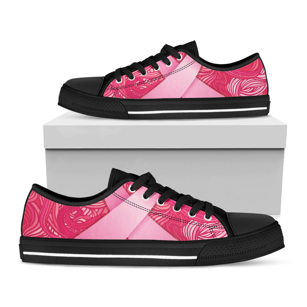 Breast Cancer Awareness Ribbon Print Black Low Top Shoes 