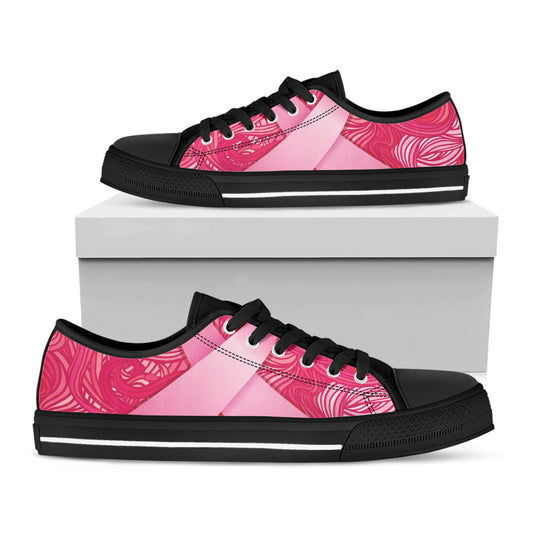Breast Cancer Awareness Ribbon Print Black Low Top Shoes 
